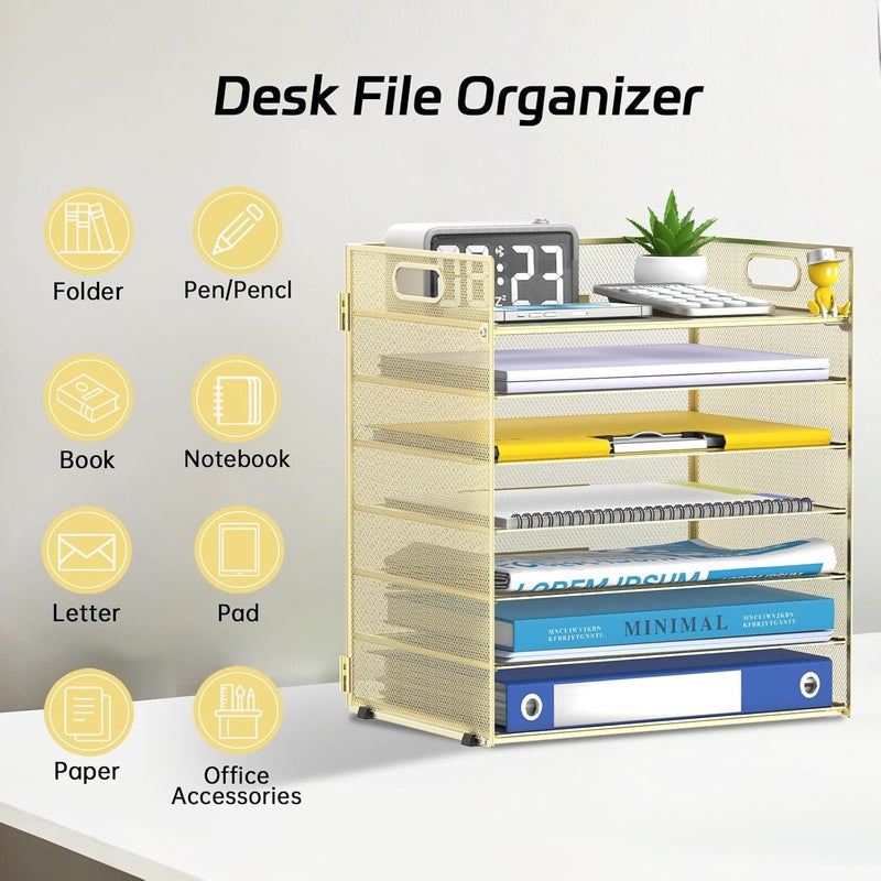 ReePlan 7 Tier Paper Organizer - Mesh Desktop File Holder with Handles for Office School Desk (Gold) - Image 3